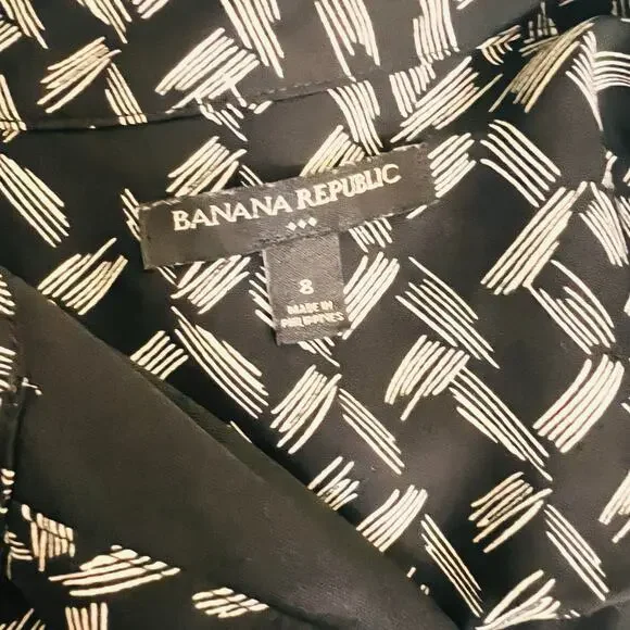 Banana Republic Grid Striped Sleeveless Half Button Up Belted Dress Size 8 Black - Picture 3 of 7